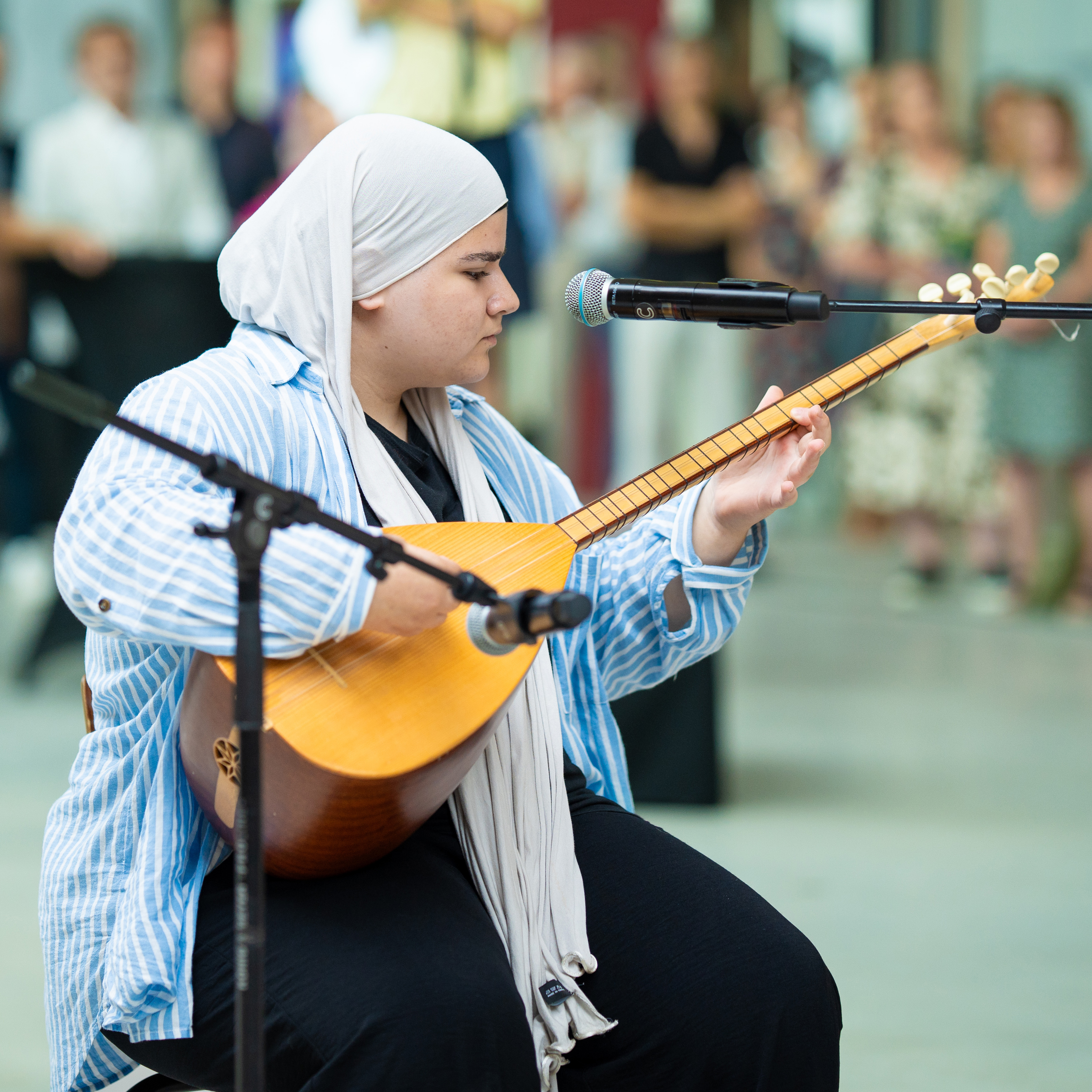 Muzikant en publiek snaarinsrument
