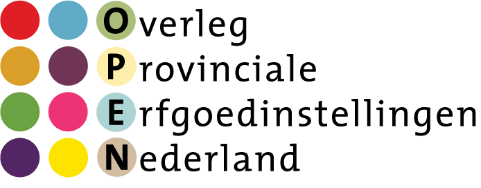 Logo OPEN, 12 gekleurde cirkels en tekst Overleg Provinciale Erfgoedinstellingen Nederland