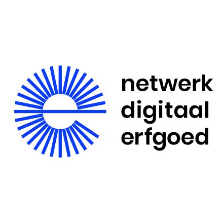 Logo, blauwe E met tekst Netwerk Digitaal Erfgoed