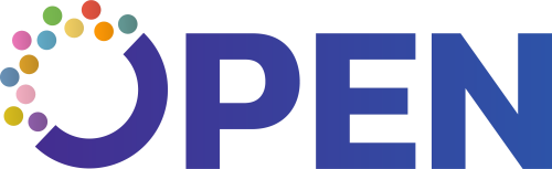 Logo OPEN Erfgoed. Gekleurde cirkels en tekst open