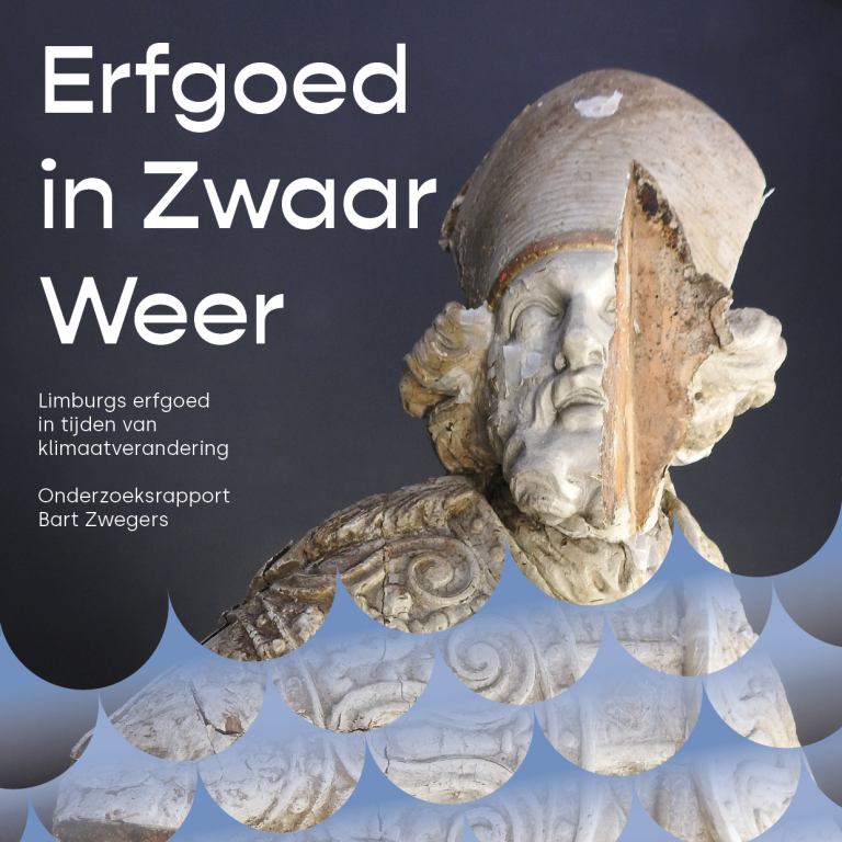 Voorblad van Erfgoed in Zwaar Weer, beschadigd beeld uit de Nicolaas Barbarakerk dat geïllustreerde onder water staat.