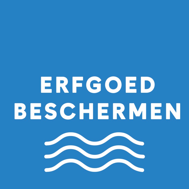 Tekst Erfgoed beschermen, blauw vlak, icoon van golven