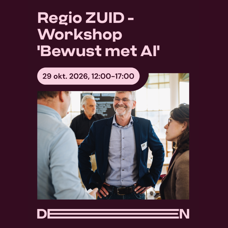 Een man is in gesprek met een man en een vrouw, die met hun rug naar de fotograaf staan. Op de achtergrond is een derde man te zien. Tekst op de afbeelding: "Regio ZUID – Workshop 'Bewust met AI'. 29 oktober 2026, van 12.00 tot 17.00 uur."