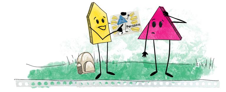 Illustratie van een geel wegwijzer-figuur (links) die een vel met daarop een persona laat zien aan een tweede wegwijzer-figuur (rechts).