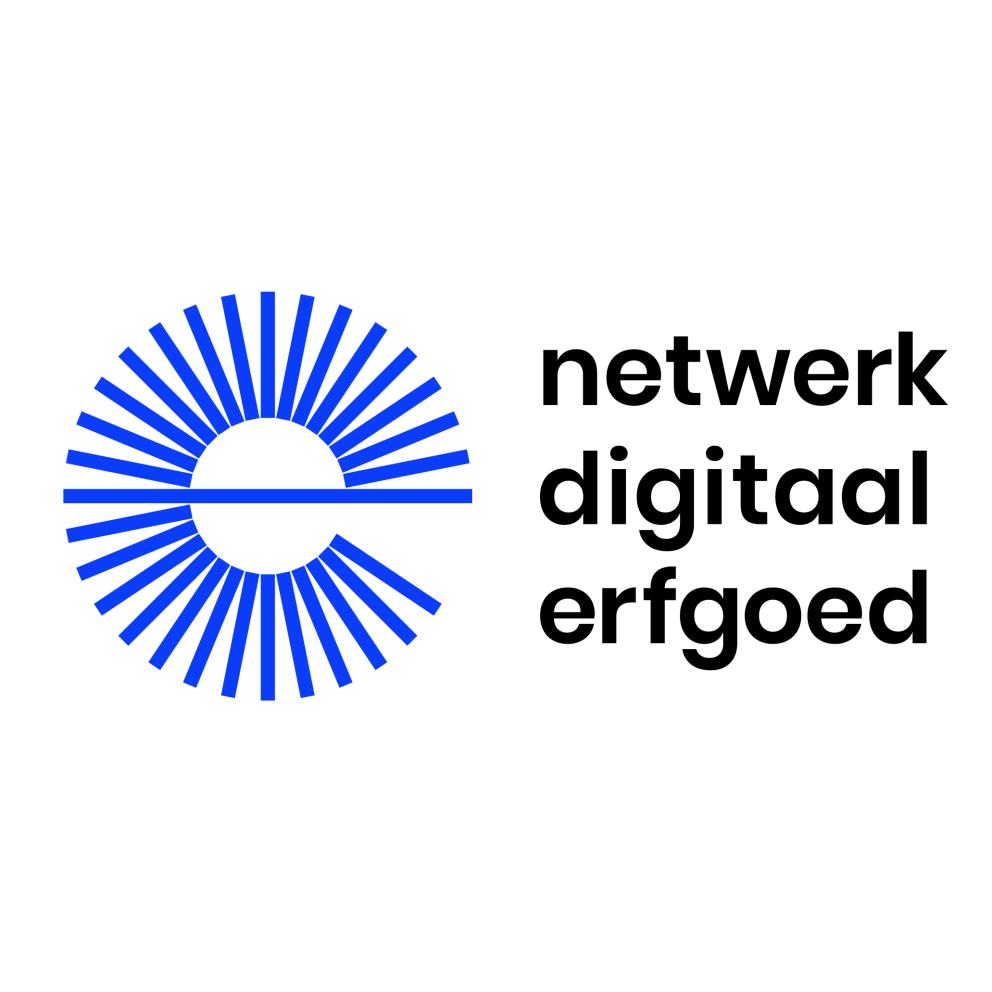 Logo, blauwe E met tekst Netwerk Digitaal Erfgoed