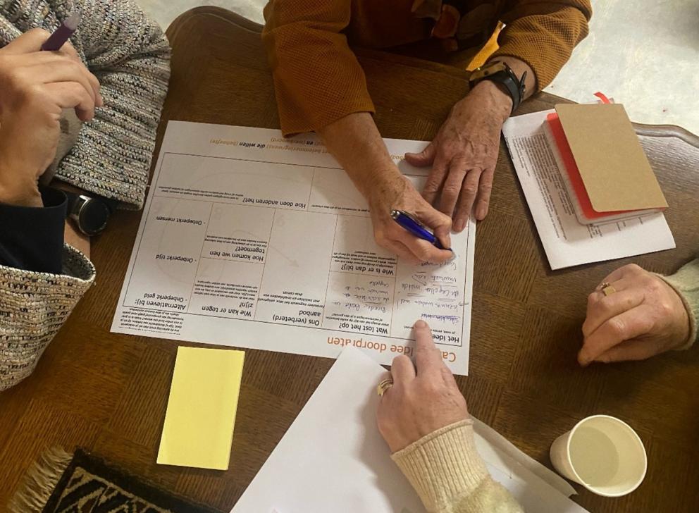 Deelnemers werken samen aan ideeën en plannen tijdens een interactieve sessie.