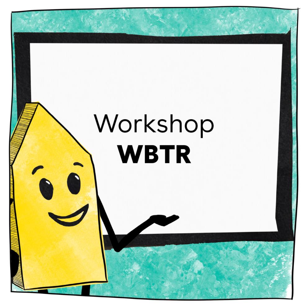 Illustratie van het beeldmerk van de Culturele Wegwijzer: Een geel wegwijzer figuur wijzend naar een bord waarop de naam van de workshop staat vermeld.  