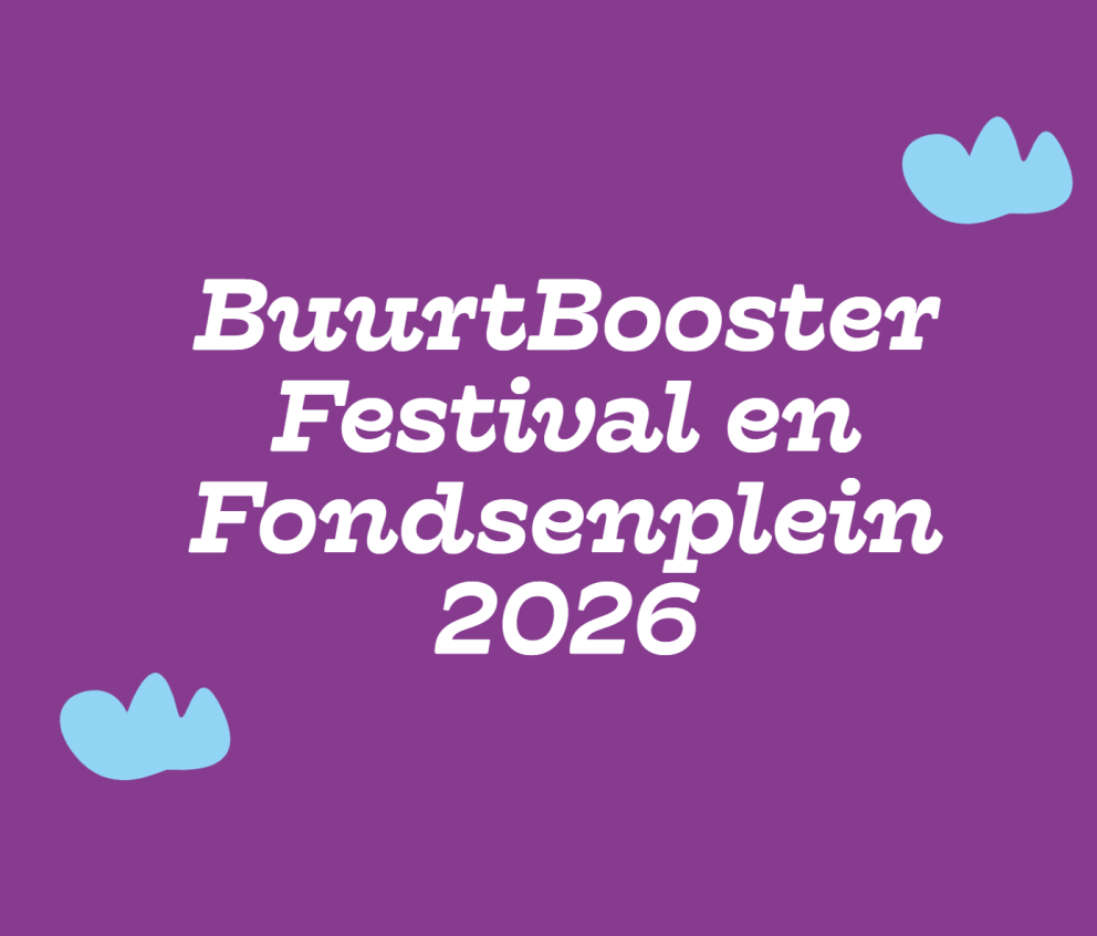 Illustratie met de tekst BuurtBooster Festival en Fondsenplein 2026 op een paars vlak met blauwe wolken