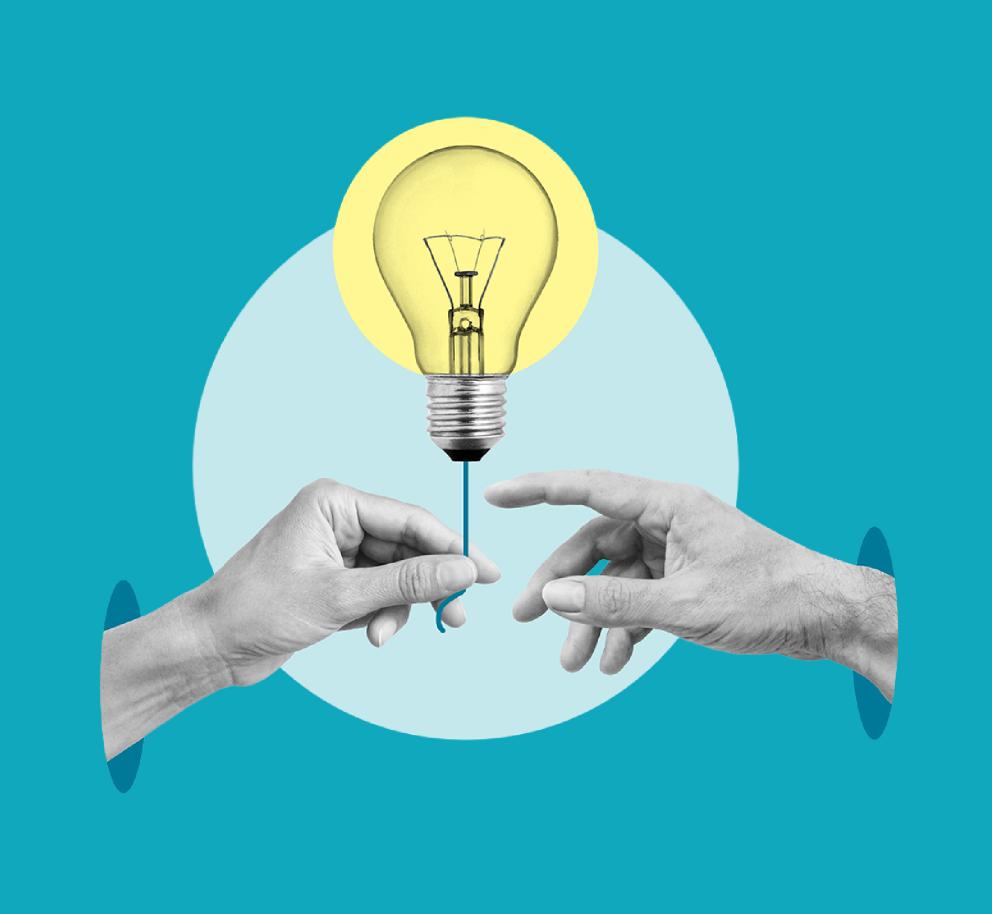 Er zijn twee handen te zien. De linkerhand overhandigt de rechterhand een gloeilamp, die symbool staat voor kennis. Het geheel is in collagestijl opgemaakt.