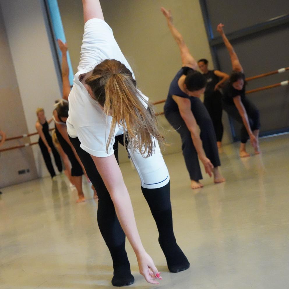 Een groep dansers in actie in een danszaal.