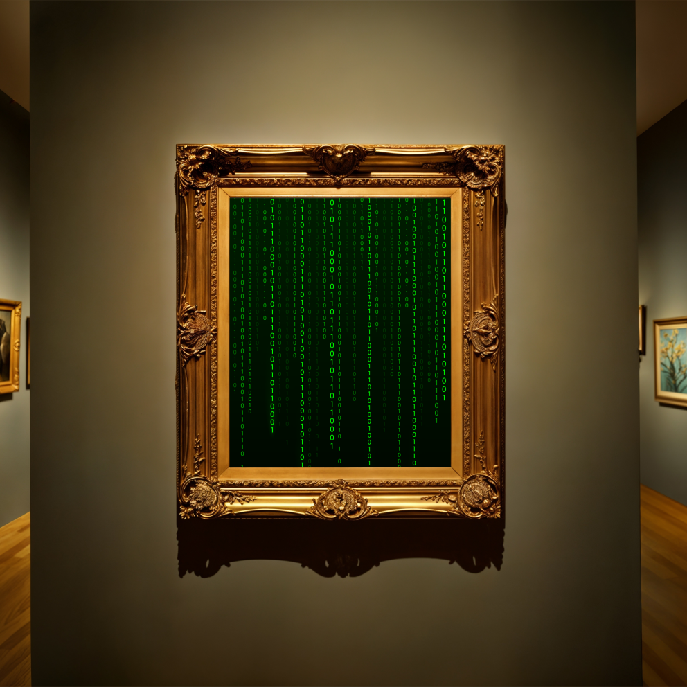 Een klassiek aandoende schilderijlijst in een museale setting, waarin groene digitale binaire code zichtbaar is.