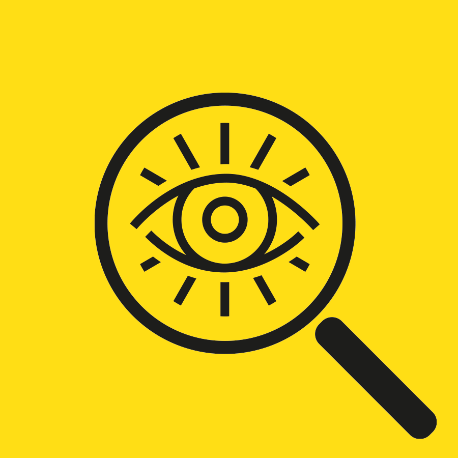 Een pictogram van een loep met daarin een oog, dat de discipline beeldende kunst symboliseert, geplaatst op een gele achtergrond.