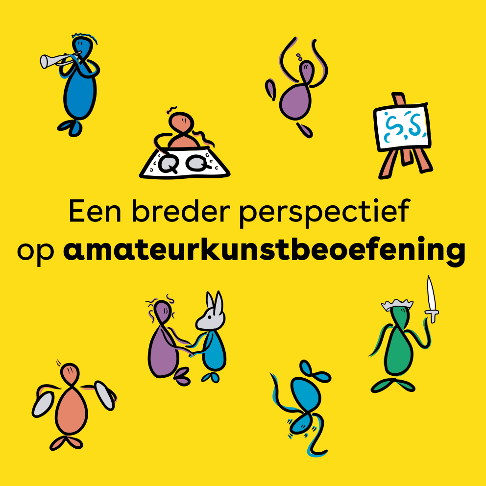 Illustraties van figuren die verschillende vormen van cultuurbeoefening uitbeelden, met in het midden de tekst: 'Een breder perspectief op amateurkunstbeoefening'. Het geheel staat op een gele achtergrond.