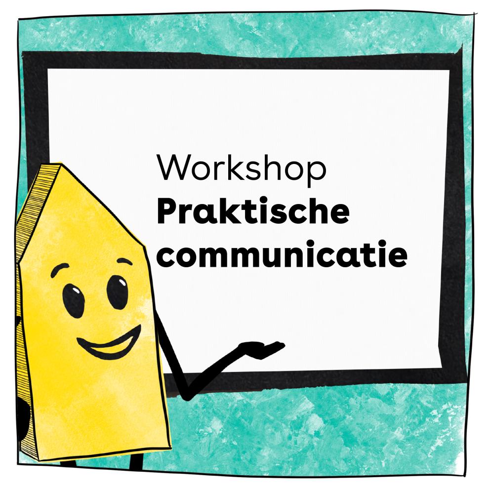 Illustratie van het beeldmerk van de Culturele Wegwijzer: Een geel wegwijzer figuur wijzend naar een bord waarop de naam van de workshop staat vermeld.  