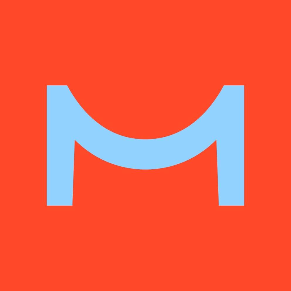 Logo Mondriaanfonds lichtblauwe 'M' op een rode achtergrond